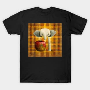 An Elephant with an apple on a plaid background. T-Shirt